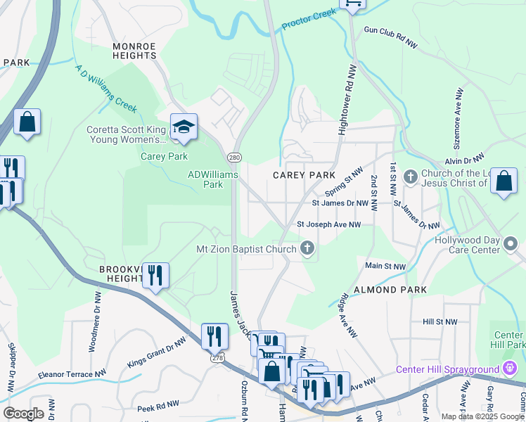 map of restaurants, bars, coffee shops, grocery stores, and more near 1116 Northwest Drive Northwest in Atlanta