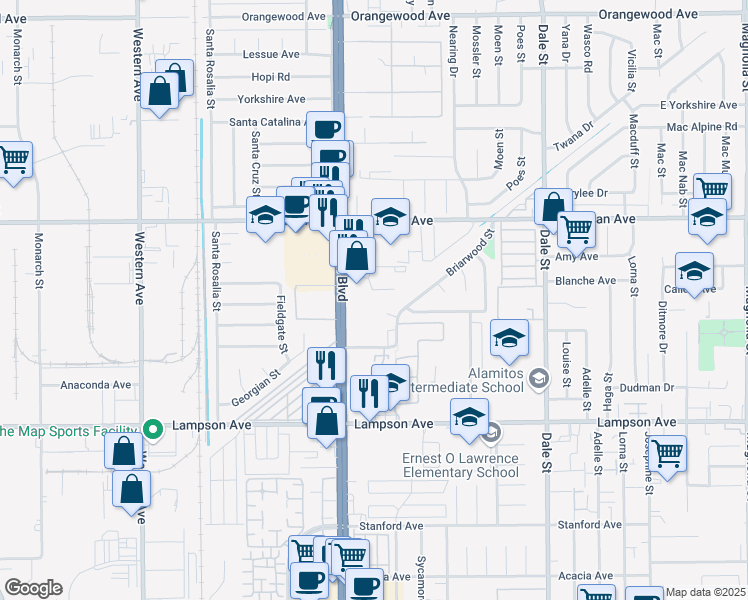 map of restaurants, bars, coffee shops, grocery stores, and more near in Stanton