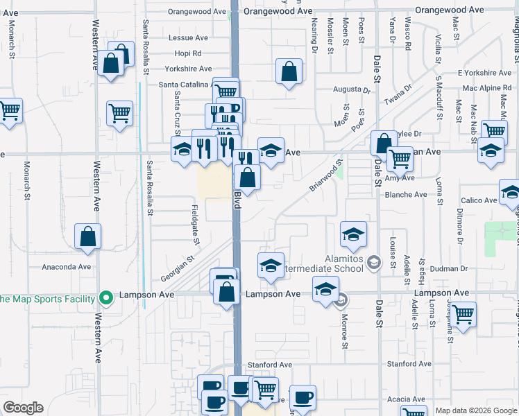 map of restaurants, bars, coffee shops, grocery stores, and more near 692 Park Plaza in Stanton