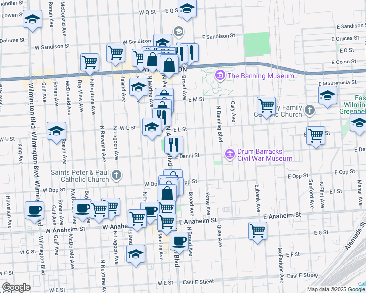 map of restaurants, bars, coffee shops, grocery stores, and more near 1137 Broad Avenue in Los Angeles