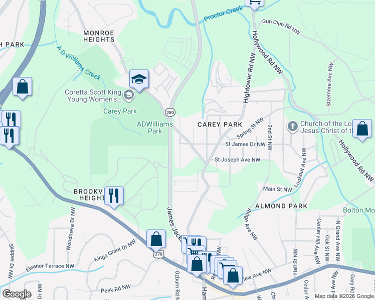 map of restaurants, bars, coffee shops, grocery stores, and more near in Atlanta