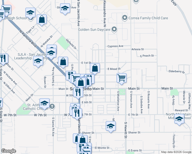 map of restaurants, bars, coffee shops, grocery stores, and more near 185 South Jordan Avenue in San Jacinto