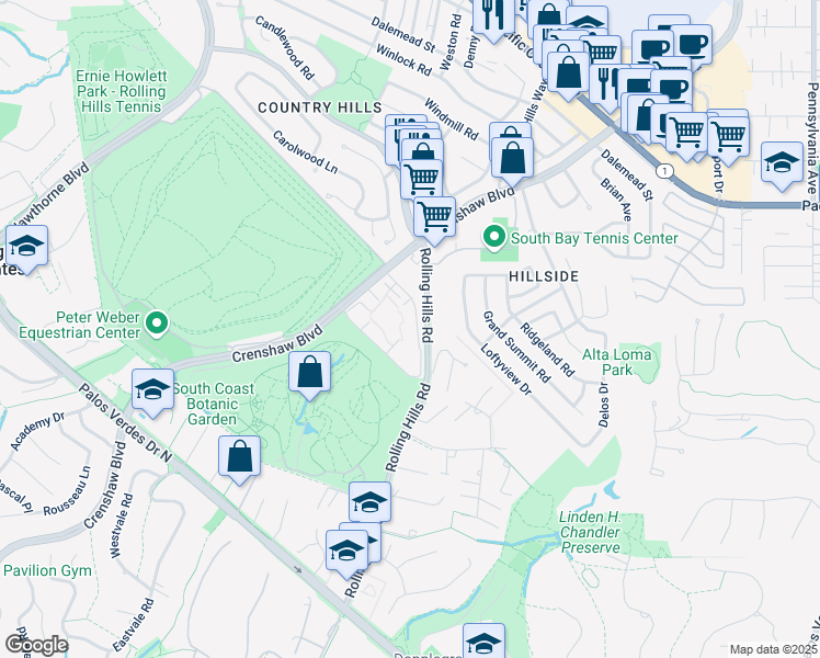 map of restaurants, bars, coffee shops, grocery stores, and more near 3604 West Estates Lane in Rolling Hills Estates