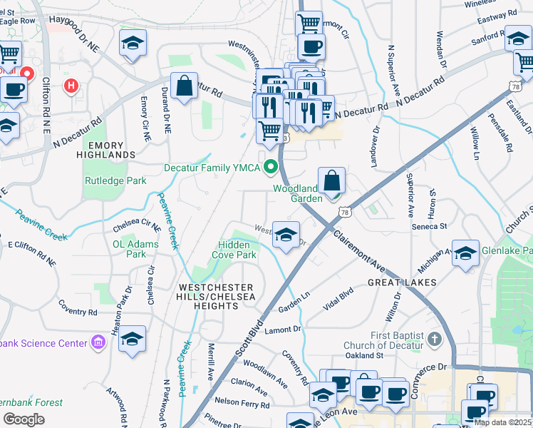 map of restaurants, bars, coffee shops, grocery stores, and more near Harold Byrd Drive in Decatur