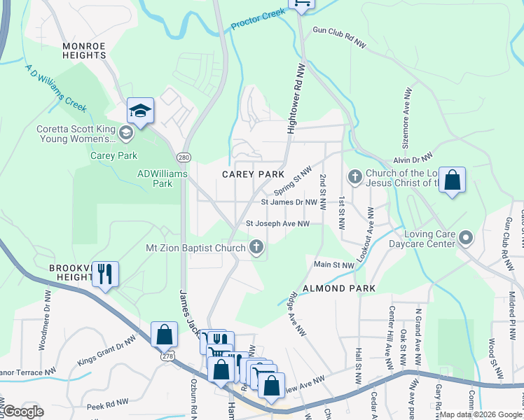 map of restaurants, bars, coffee shops, grocery stores, and more near in Atlanta