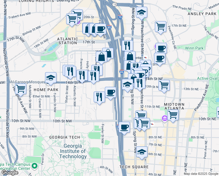 map of restaurants, bars, coffee shops, grocery stores, and more near 1132 Techwood Drive Northwest in Atlanta