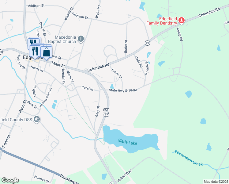 map of restaurants, bars, coffee shops, grocery stores, and more near 208 Youngblood Road in Edgefield