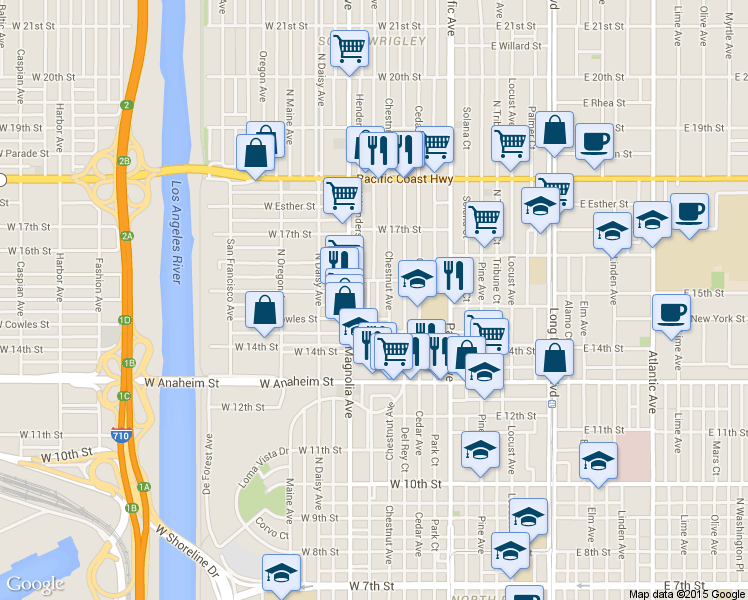 map of restaurants, bars, coffee shops, grocery stores, and more near 1462 Henderson Avenue in Long Beach