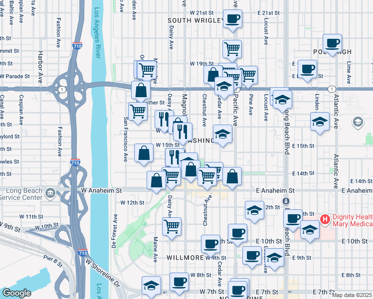 map of restaurants, bars, coffee shops, grocery stores, and more near 1454 Magnolia Avenue in Long Beach