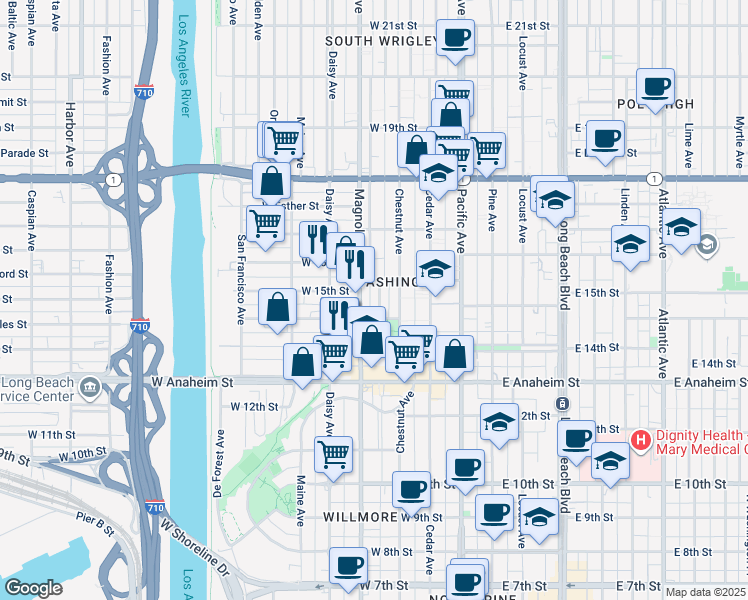 map of restaurants, bars, coffee shops, grocery stores, and more near 1465 Henderson Avenue in Long Beach