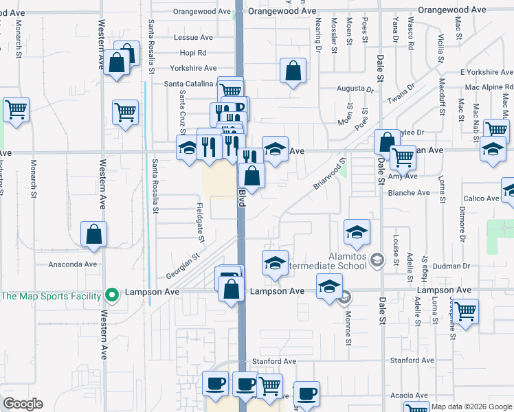 map of restaurants, bars, coffee shops, grocery stores, and more near 692 Park Plaza in Stanton