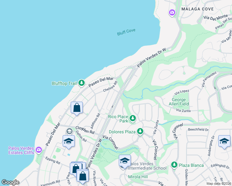 map of restaurants, bars, coffee shops, grocery stores, and more near 1404 Chelsea Road in Palos Verdes Estates