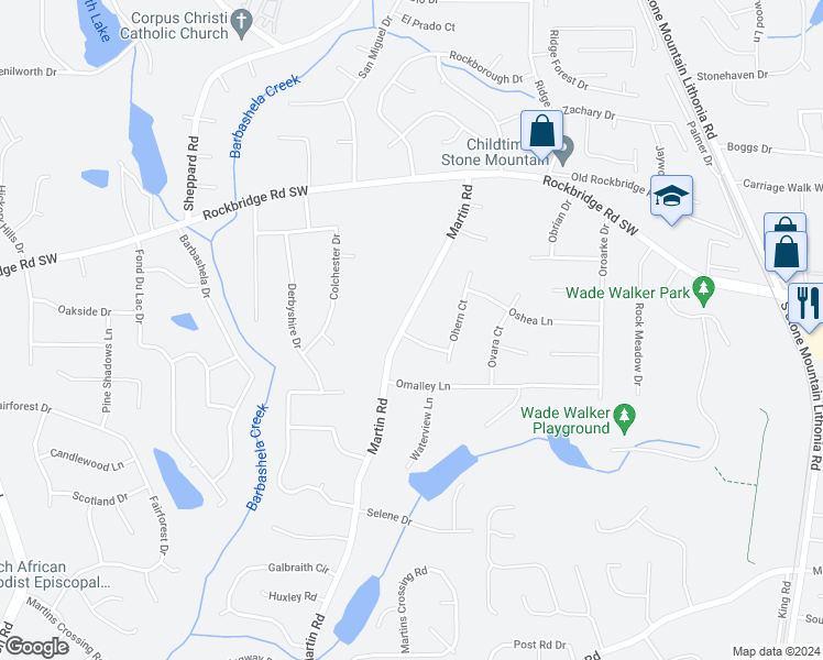 map of restaurants, bars, coffee shops, grocery stores, and more near 5308 Oreilly Lane in Stone Mountain