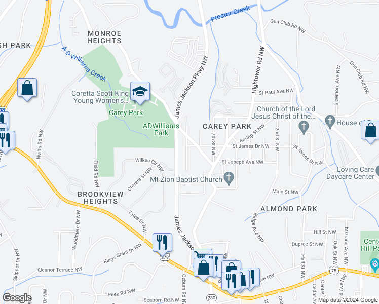 map of restaurants, bars, coffee shops, grocery stores, and more near 1117 Wedgewood Drive Northwest in Atlanta