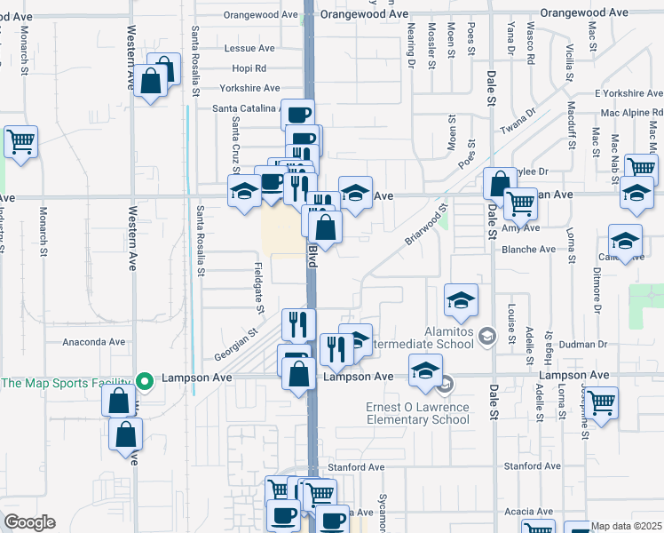 map of restaurants, bars, coffee shops, grocery stores, and more near 28 Bigsby Drive in Stanton