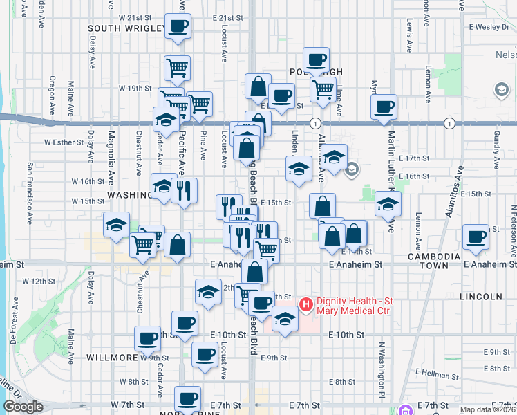 map of restaurants, bars, coffee shops, grocery stores, and more near 1545 Long Beach Boulevard in Long Beach