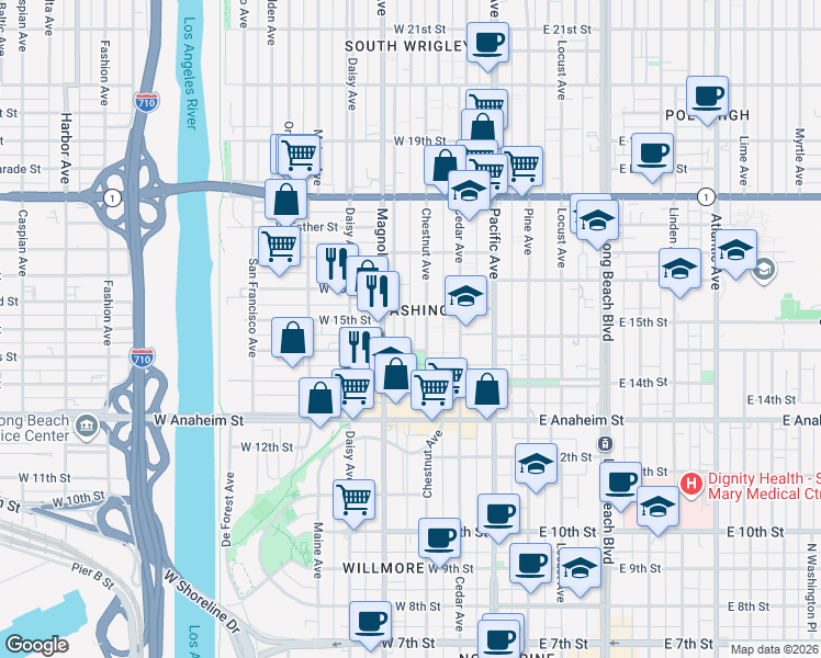 map of restaurants, bars, coffee shops, grocery stores, and more near 1462 Henderson Avenue in Long Beach