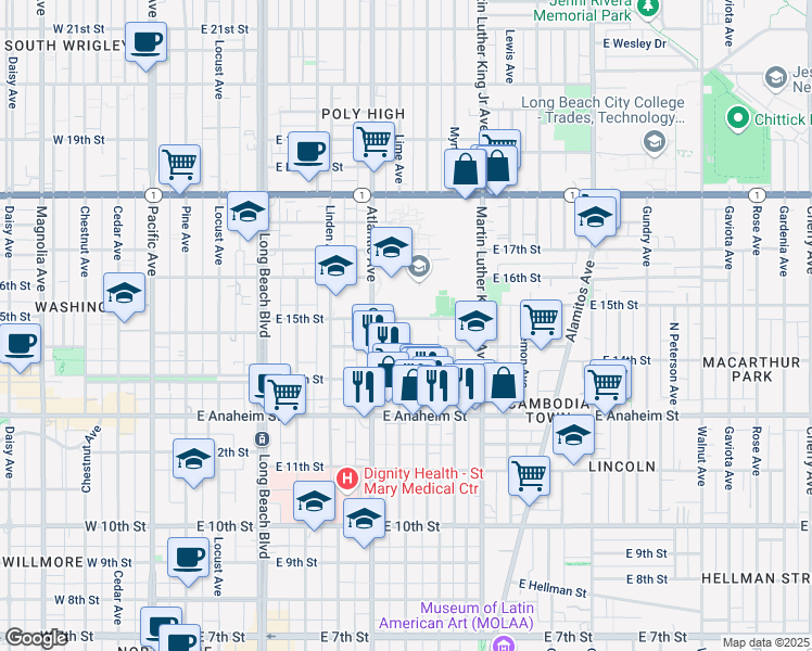 map of restaurants, bars, coffee shops, grocery stores, and more near 650 East 15th Street in Long Beach