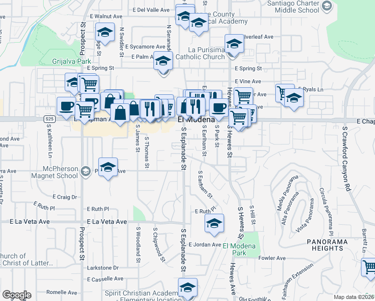 map of restaurants, bars, coffee shops, grocery stores, and more near 233 South Esplanade Street in Orange