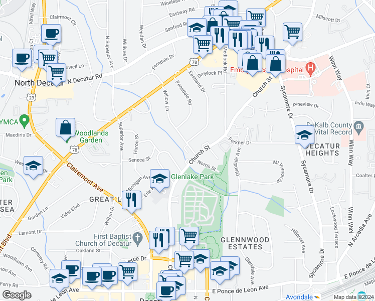 map of restaurants, bars, coffee shops, grocery stores, and more near 411 Willow Lane in Decatur