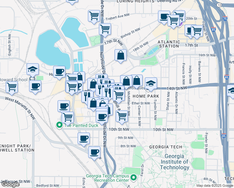 map of restaurants, bars, coffee shops, grocery stores, and more near in Atlanta