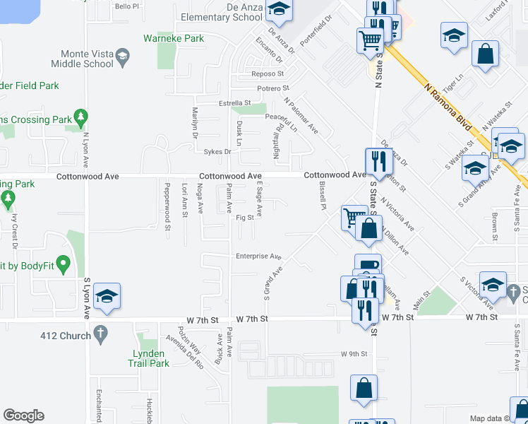 map of restaurants, bars, coffee shops, grocery stores, and more near 228 East Sage Avenue in San Jacinto