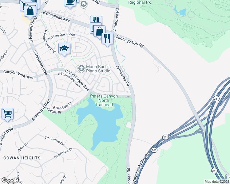 map of restaurants, bars, coffee shops, grocery stores, and more near 236 South Grisly Canyon Drive in Orange