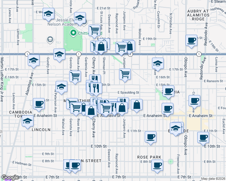 map of restaurants, bars, coffee shops, grocery stores, and more near 2223 East Spaulding Street in Long Beach