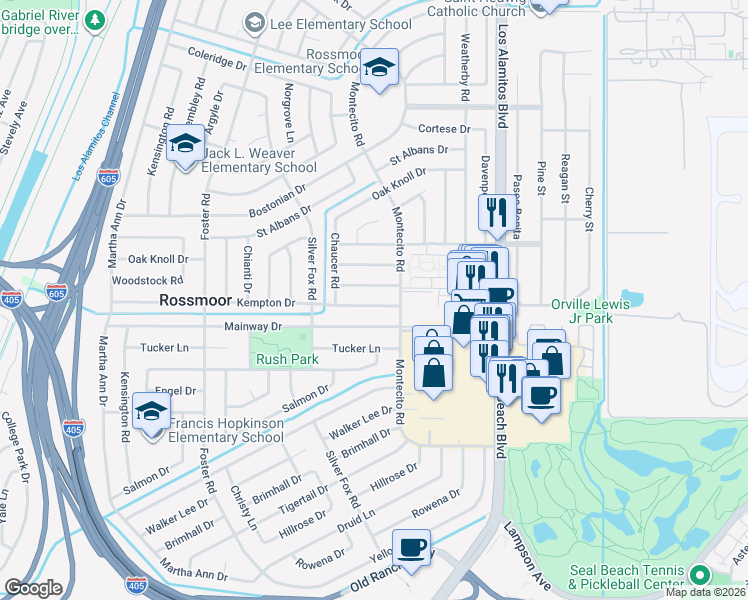 map of restaurants, bars, coffee shops, grocery stores, and more near 3242 Woodstock Road in Los Alamitos