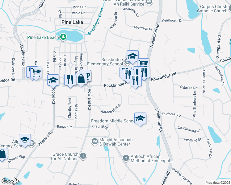 map of restaurants, bars, coffee shops, grocery stores, and more near 4733 Rockbridge Road Southwest in Stone Mountain
