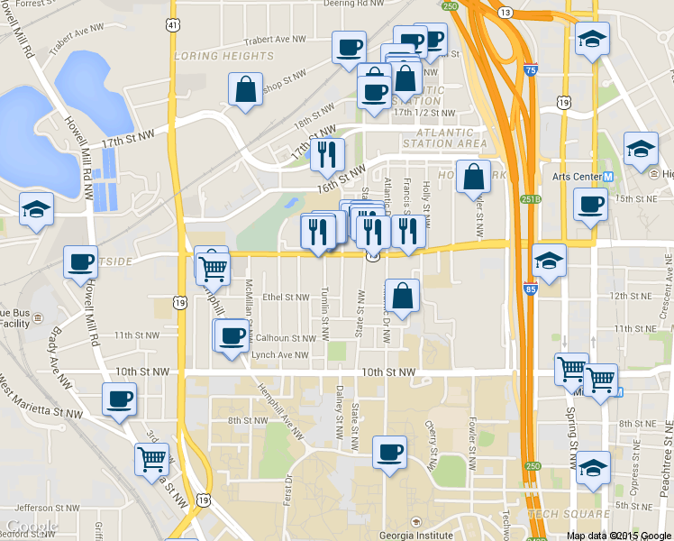 map of restaurants, bars, coffee shops, grocery stores, and more near 1128 Mecaslin Street Northwest in Atlanta