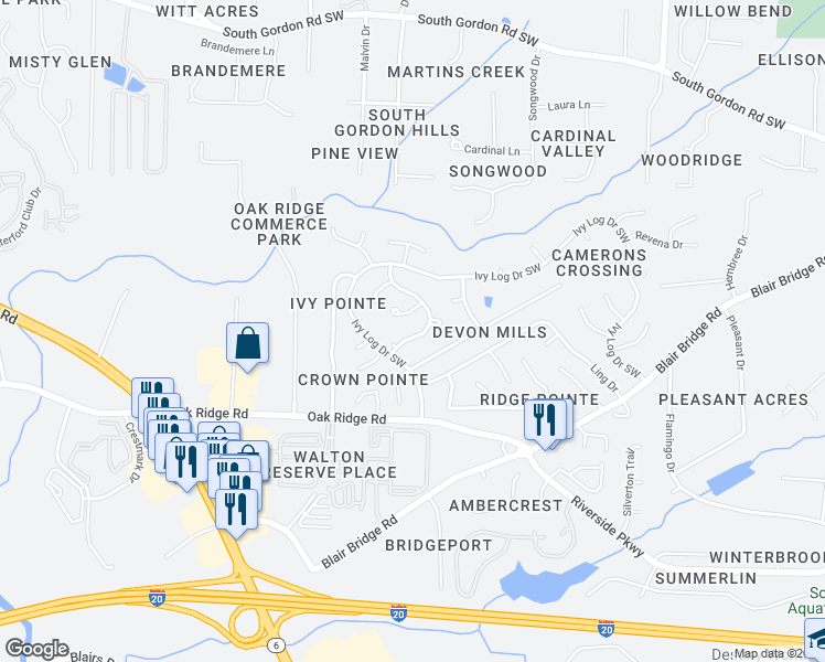 map of restaurants, bars, coffee shops, grocery stores, and more near 6928 Hickory Log Road in Austell