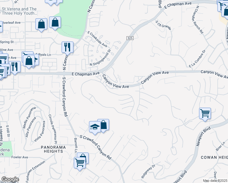 map of restaurants, bars, coffee shops, grocery stores, and more near 6033 East Rocking Horse Way in Orange