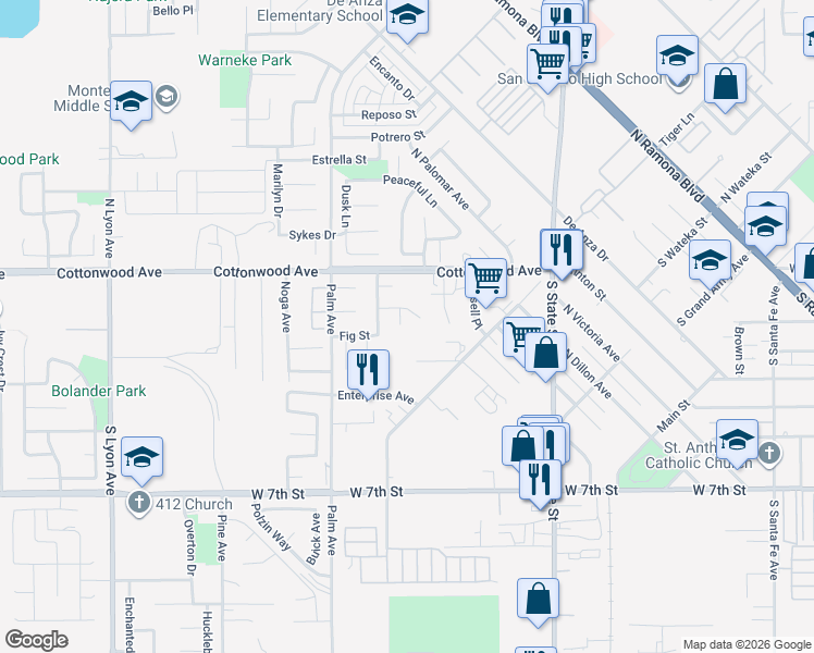 map of restaurants, bars, coffee shops, grocery stores, and more near 293 Maple Court in San Jacinto