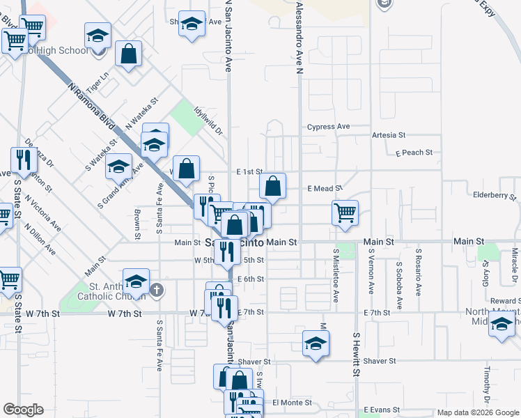 map of restaurants, bars, coffee shops, grocery stores, and more near 185 South Jordan Avenue in San Jacinto