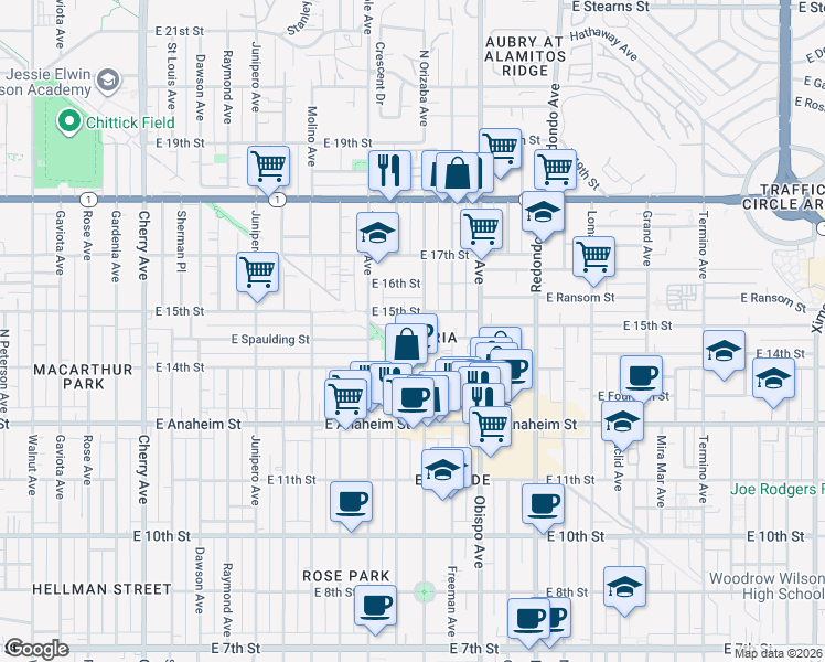 map of restaurants, bars, coffee shops, grocery stores, and more near 1490 Orizaba Avenue in Long Beach