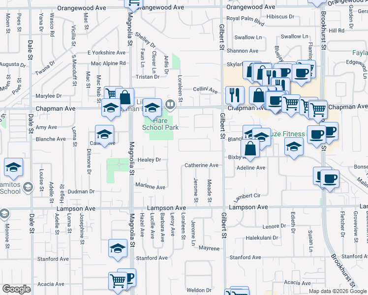 map of restaurants, bars, coffee shops, grocery stores, and more near 9272 Blanche Avenue in Garden Grove