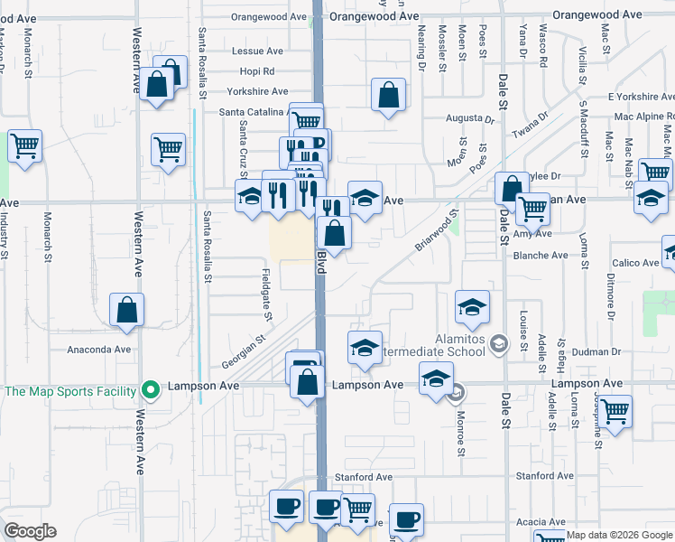 map of restaurants, bars, coffee shops, grocery stores, and more near 692 Park Plaza in Stanton