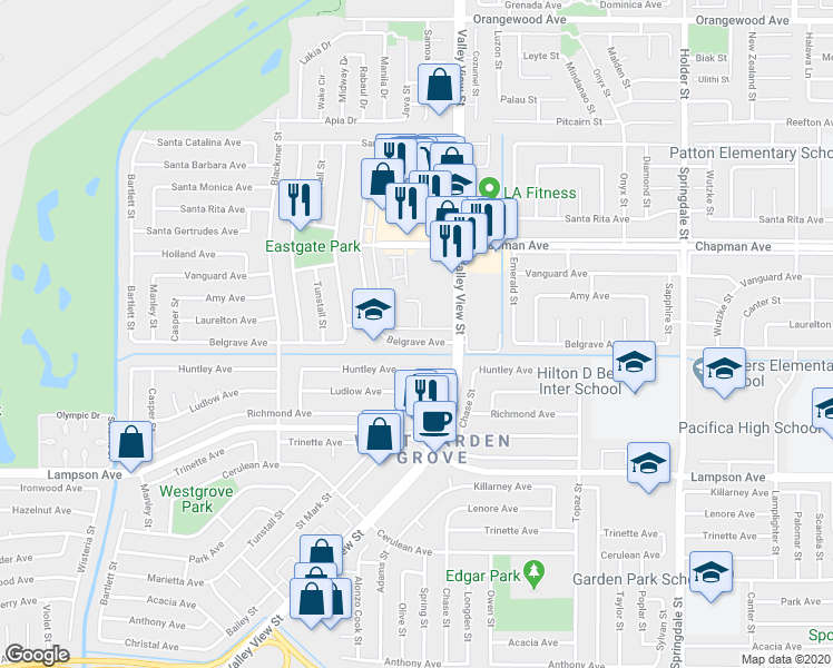 map of restaurants, bars, coffee shops, grocery stores, and more near 12149 Stonegate Lane in Garden Grove