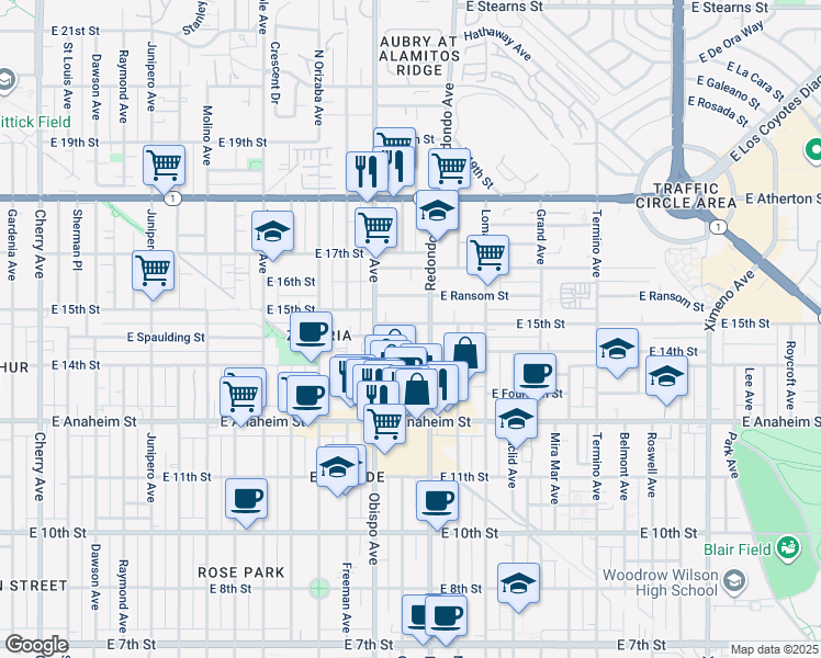 map of restaurants, bars, coffee shops, grocery stores, and more near 3249 East 15th Street in Long Beach