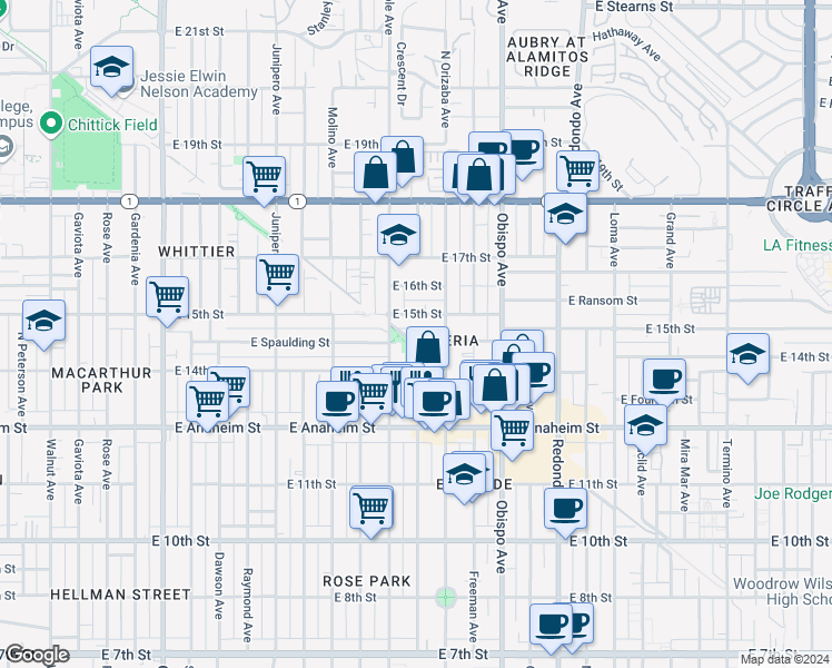 map of restaurants, bars, coffee shops, grocery stores, and more near 2840 East 15th Street in Long Beach