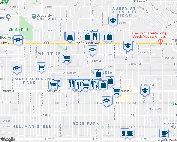 map of restaurants, bars, coffee shops, grocery stores, and more near 1496 Hile Avenue in Long Beach