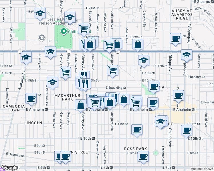 map of restaurants, bars, coffee shops, grocery stores, and more near 2330 East 15th Street in Long Beach