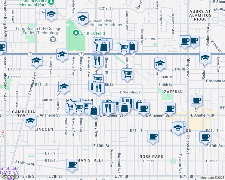 map of restaurants, bars, coffee shops, grocery stores, and more near 2204 East 15th Street in Long Beach