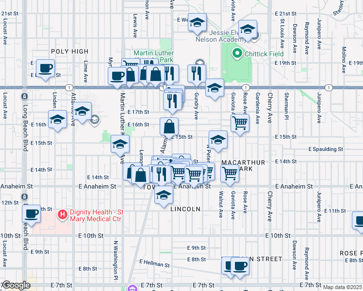 map of restaurants, bars, coffee shops, grocery stores, and more near 1480 Orange Avenue in Long Beach