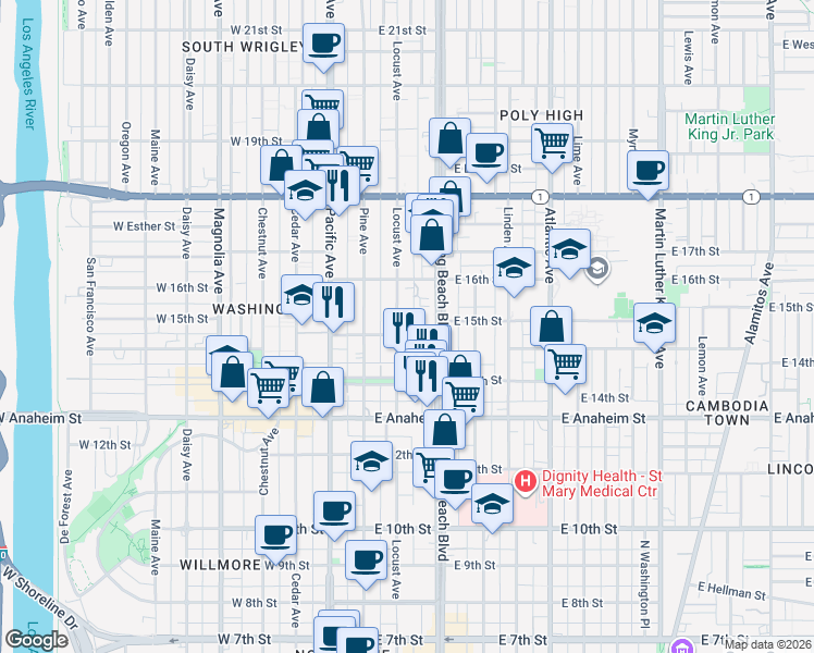 map of restaurants, bars, coffee shops, grocery stores, and more near 1532 Locust Avenue in Long Beach