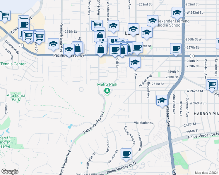 map of restaurants, bars, coffee shops, grocery stores, and more near 26029 Oak Street in Lomita