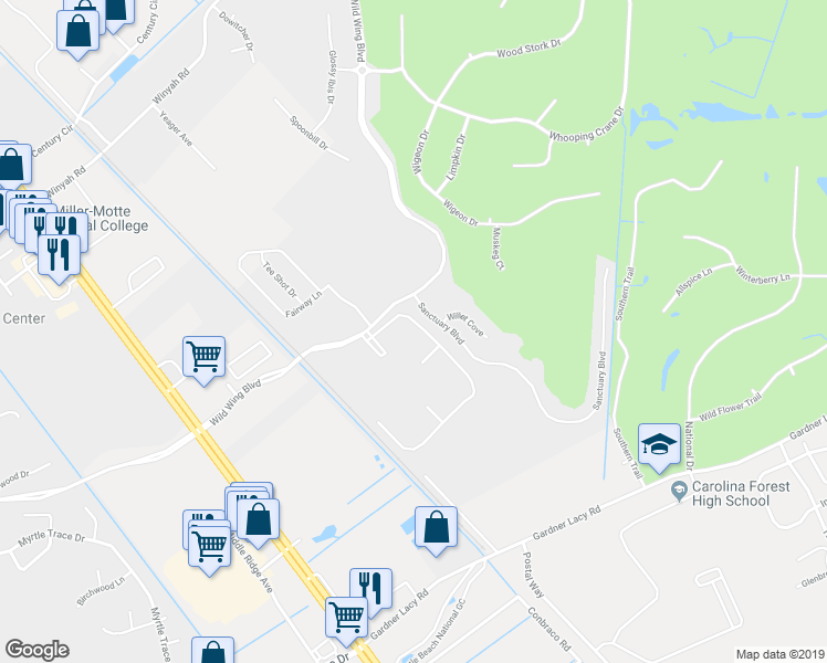 map of restaurants, bars, coffee shops, grocery stores, and more near 308 Wild Wing Boulevard in Conway