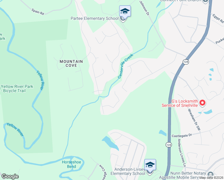 map of restaurants, bars, coffee shops, grocery stores, and more near 4505 Thicket Trail in Snellville