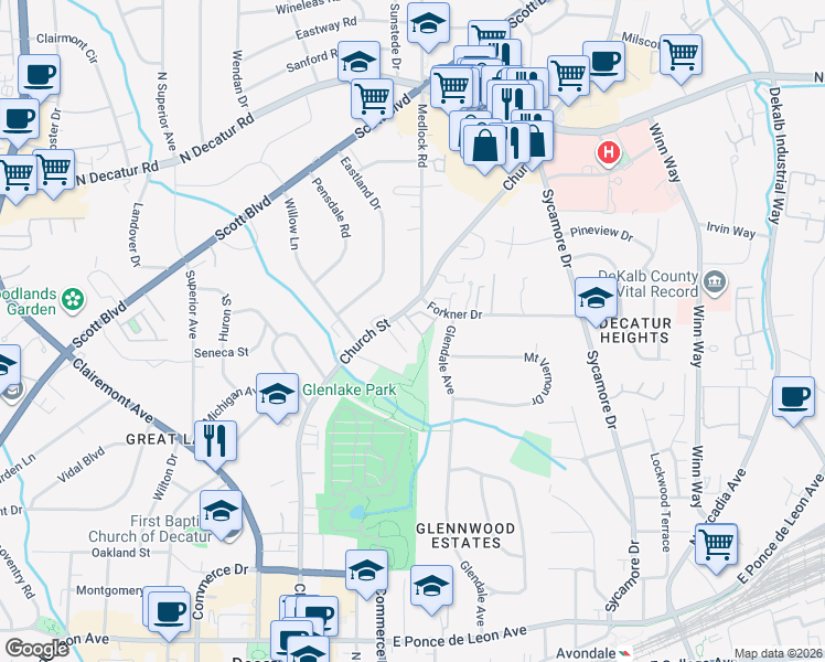 map of restaurants, bars, coffee shops, grocery stores, and more near 5 Knob Hills Circle in Decatur